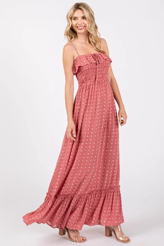 Mauve Smocked Sleeveless Floral Maxi Dress Winter maxi dresses