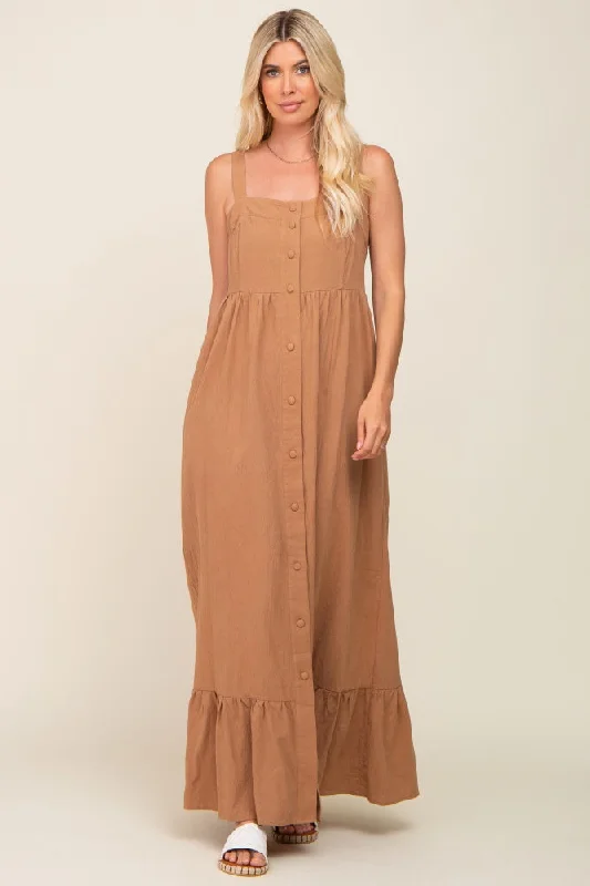 Mocha Front Button Sleeveless Maxi Dress Smocked maxi dresses