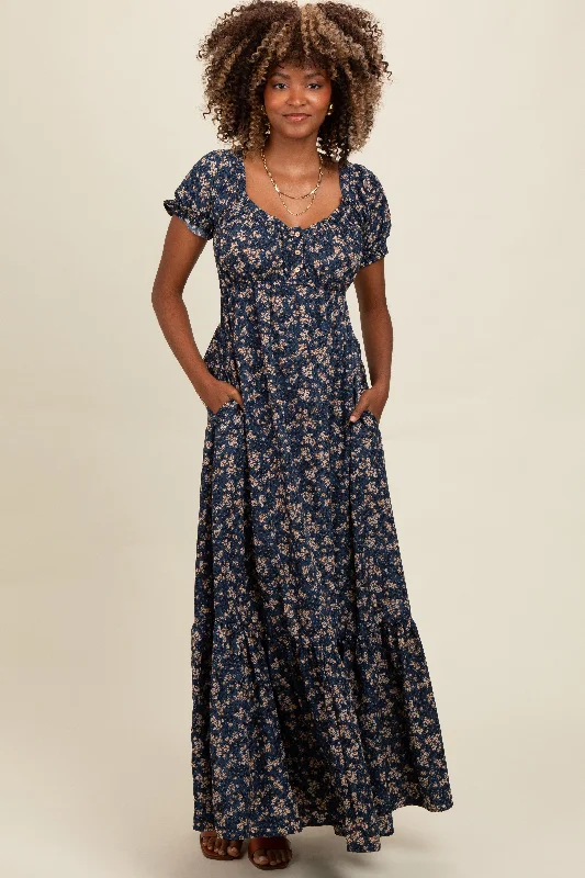 Navy Blue Floral Button Accent Maxi Dress Summer party maxi dresses