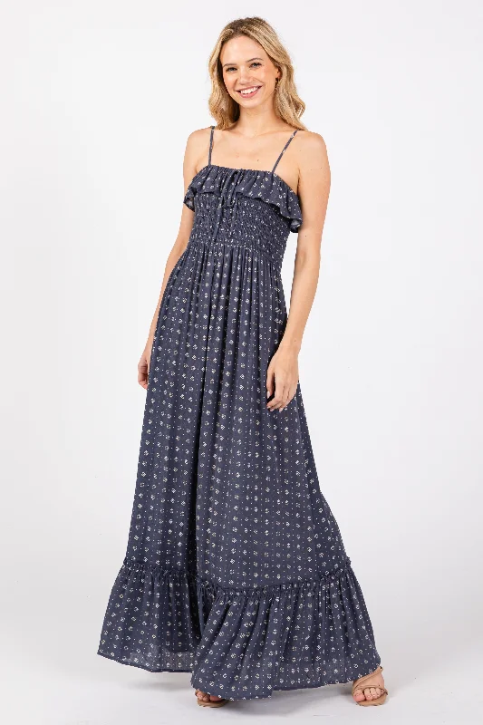 Navy Smocked Sleeveless Floral Maxi Dress Shein maxi dresses