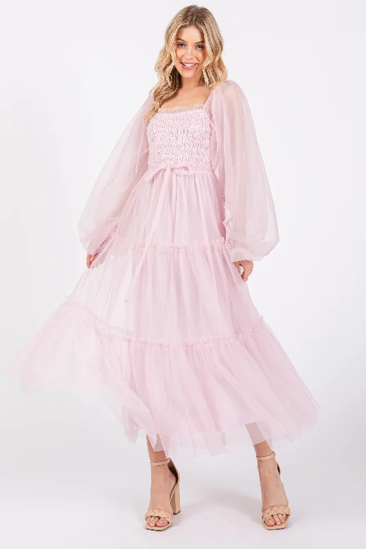 Pink Mesh Tiered Long Sleeve Maxi Dress Tiered maxi dresses