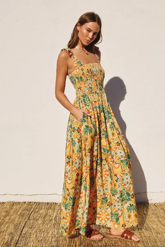 Yellow Floral Smocked Shoulder Tie Maxi Dress Luxury maxi dresses