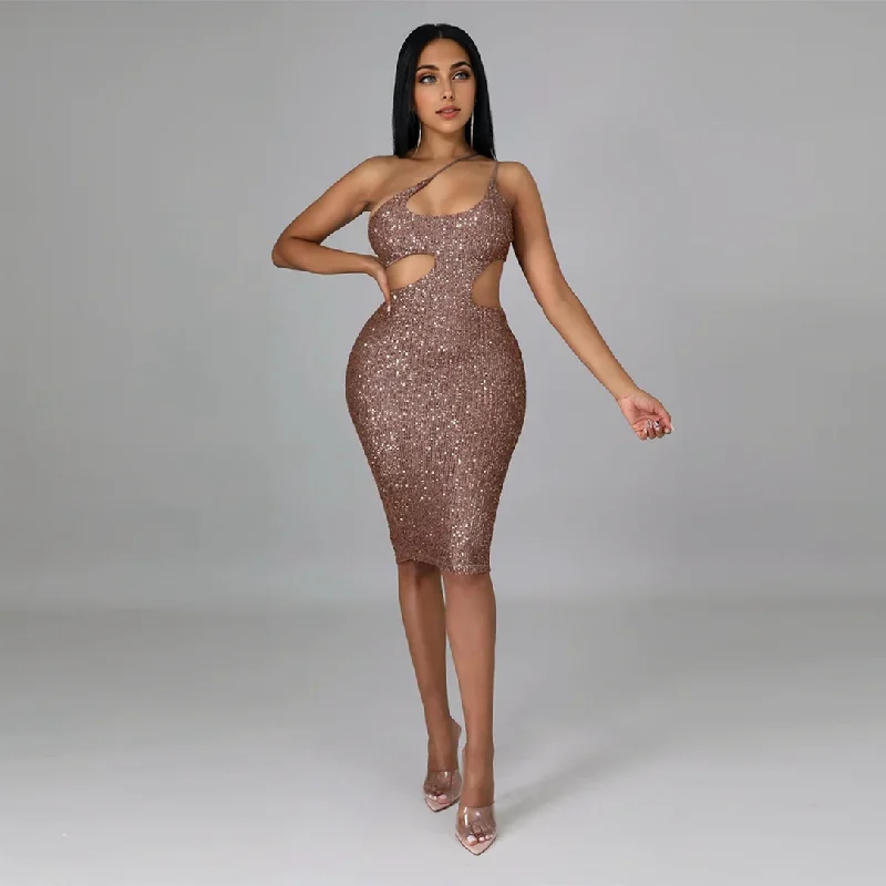 Julia Fashion - Sexy Slant Shoulder Backless Sequined Midi Dress Summer party midi dresses