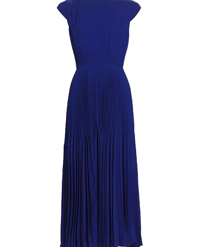 Cap-Sleeve Pleated Midi-Dress In Blue | Blue Best midi dresses for elegant looks