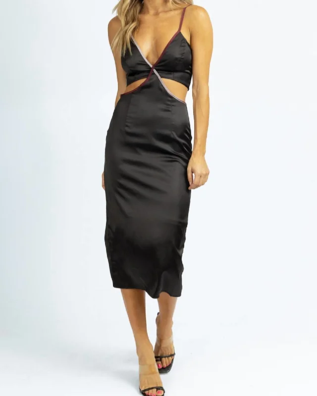 Contrast Trim Satin Midi Dress In Black | Black Best midi dresses for hourglass body shape