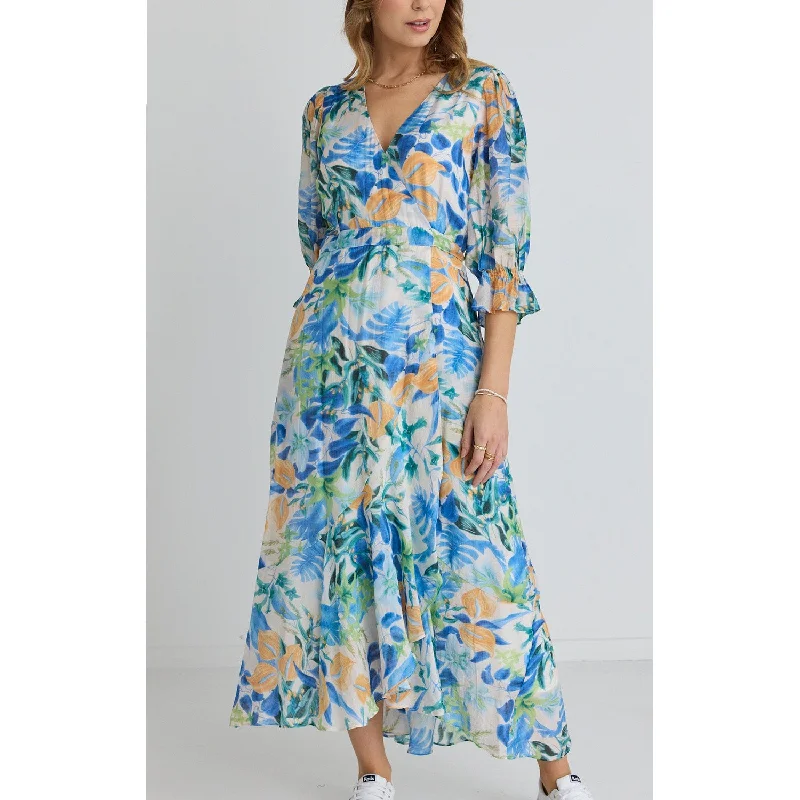 Dress Magnolia Midi Wrap - Blue Orange Tropical Shein midi dresses