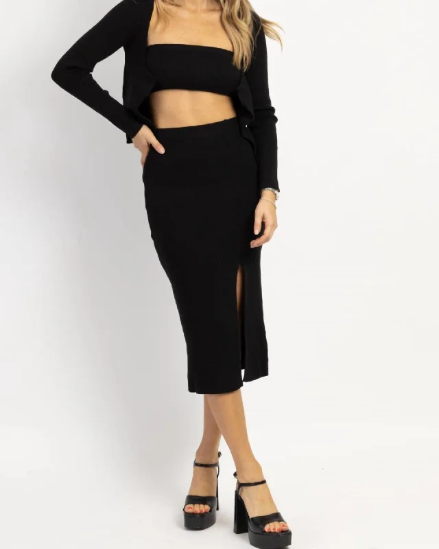 Evie Cardi Midi 3 Piece Set In Black | Black Affordable midi dresses