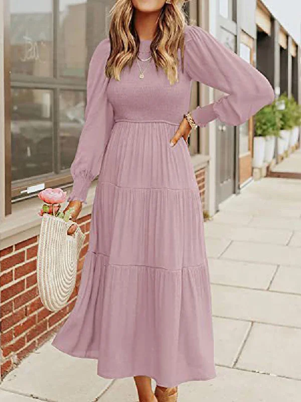 Midi Dress Long Sleeve Plain Charm Preppy midi dresses