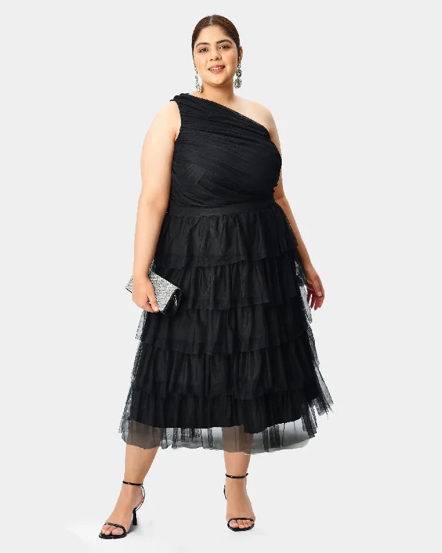 One-shoulder ruffle tier tulle midi dress | Black Chiffon midi dresses