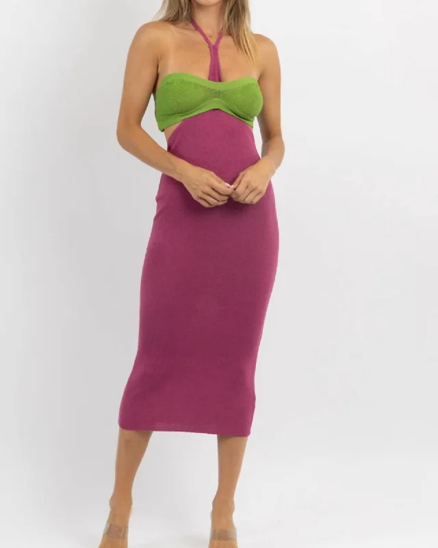 Osaka Halter Neck Midi Dress In Purple & Green | Purple & Green Tiered midi dresses