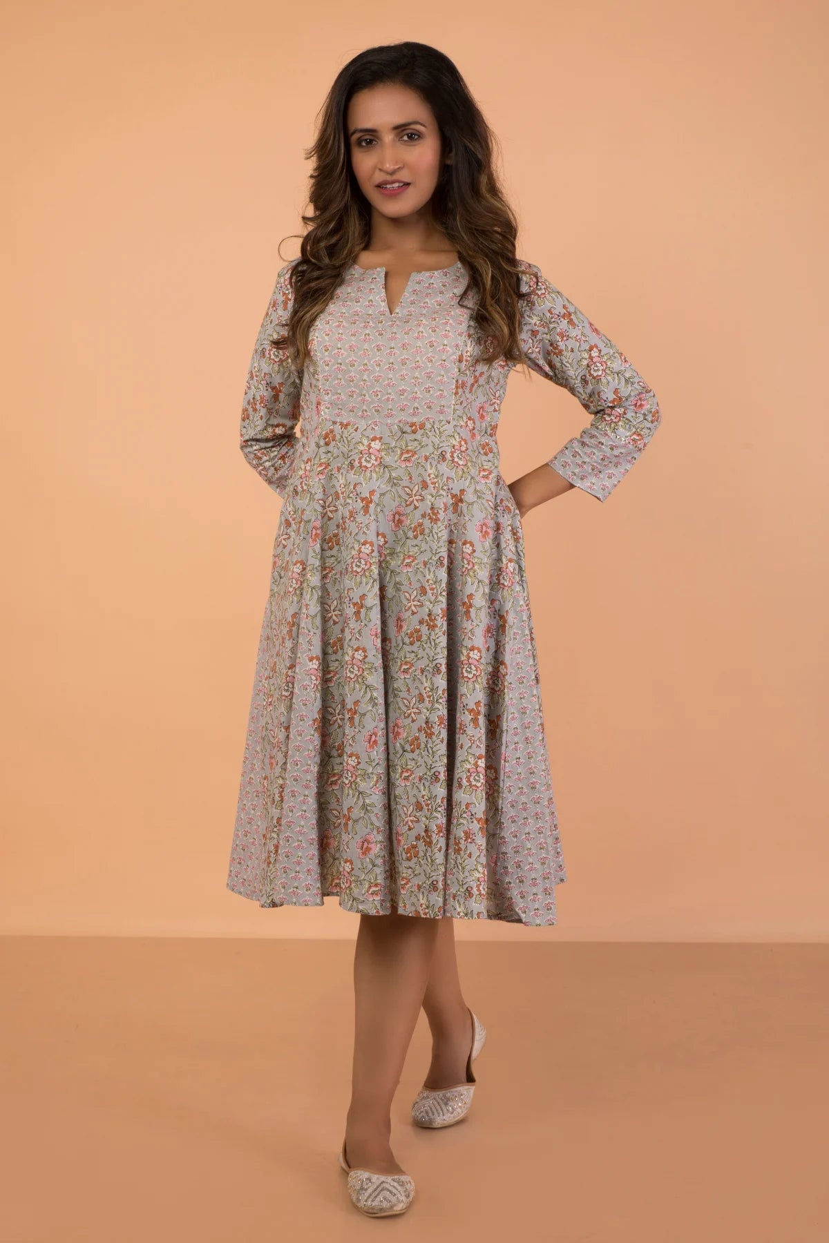 Double Print Gray Hand Block Printed  Kali Dress Preppy floral dresses