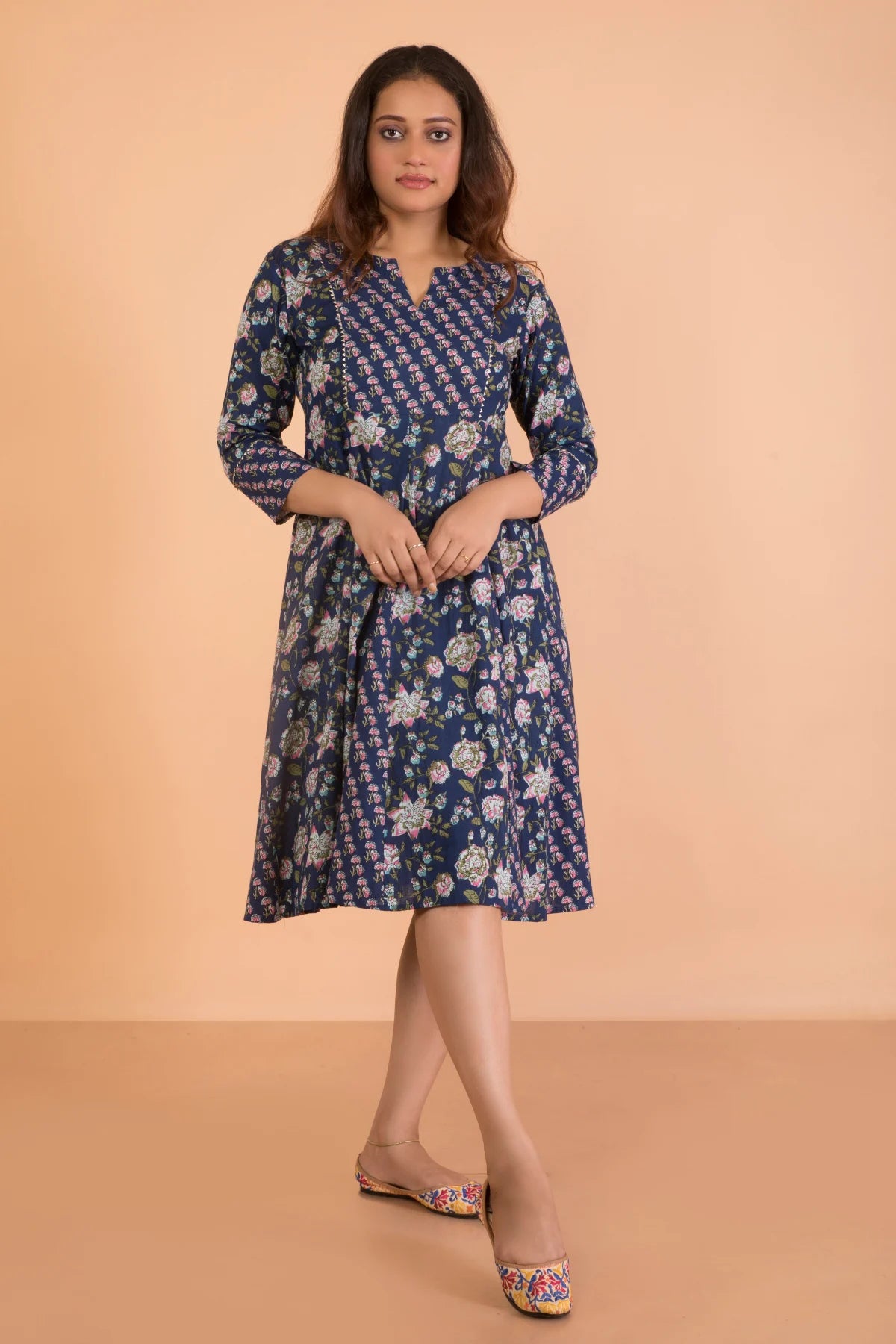 Double Print Navy Hand Block Printed  Kali Dress Minimalist floral dresses