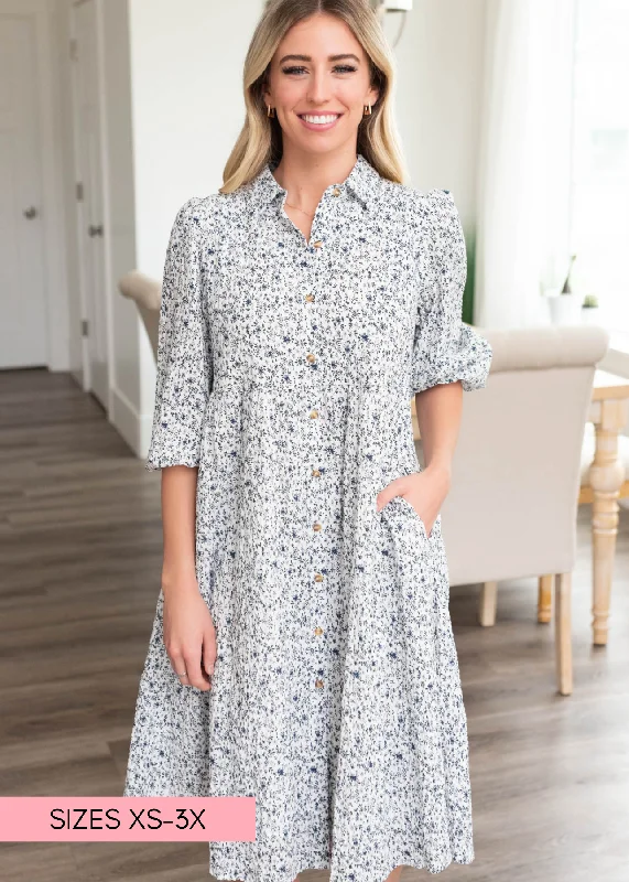 Kamrey Blue Floral Button Dress Stretchy floral dresses