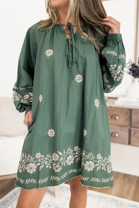 Mist Green Tie Neck Boho Floral Pattern Puff Sleeve Shift Dress Vintage floral dresses