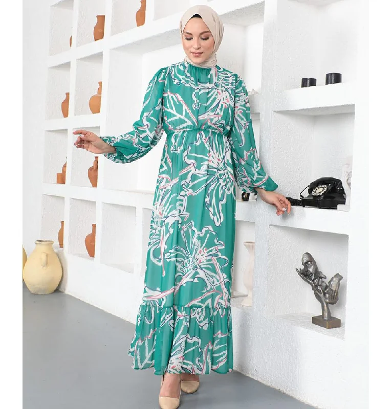 Modest Woman's Floral Abstract Dress 3115-23 - Green Flowy floral dresses