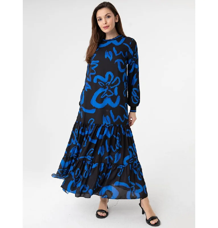 Modest Women's Dress Abstract Floral M12437 Blue Retro floral dresses