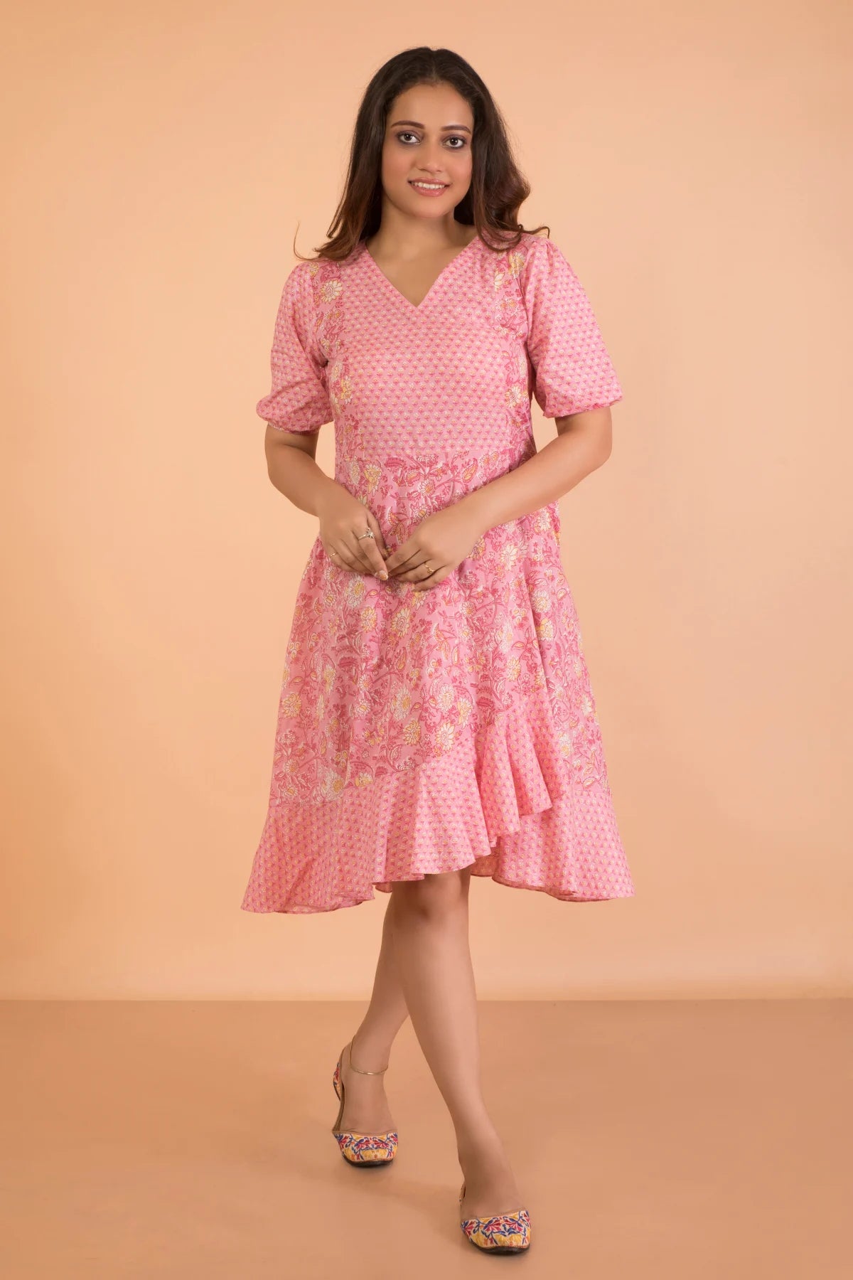 Overlapping Puff Sleeved Pink Hand Block Printed Dress Chic floral dresses