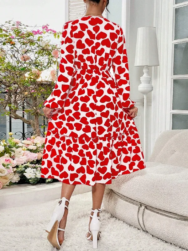 WOMEN S PRINTED LANTERN SLEEVE DRESS WITH ALL OVER HEART PATTERN Party floral dresses