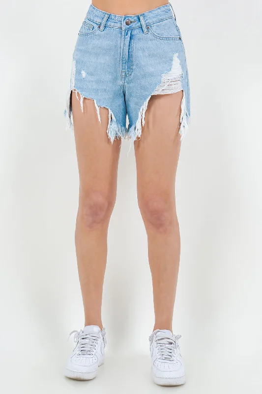 American Bazi High Waist Fringed Hem Denim Shorts Flirty Mini Skirt