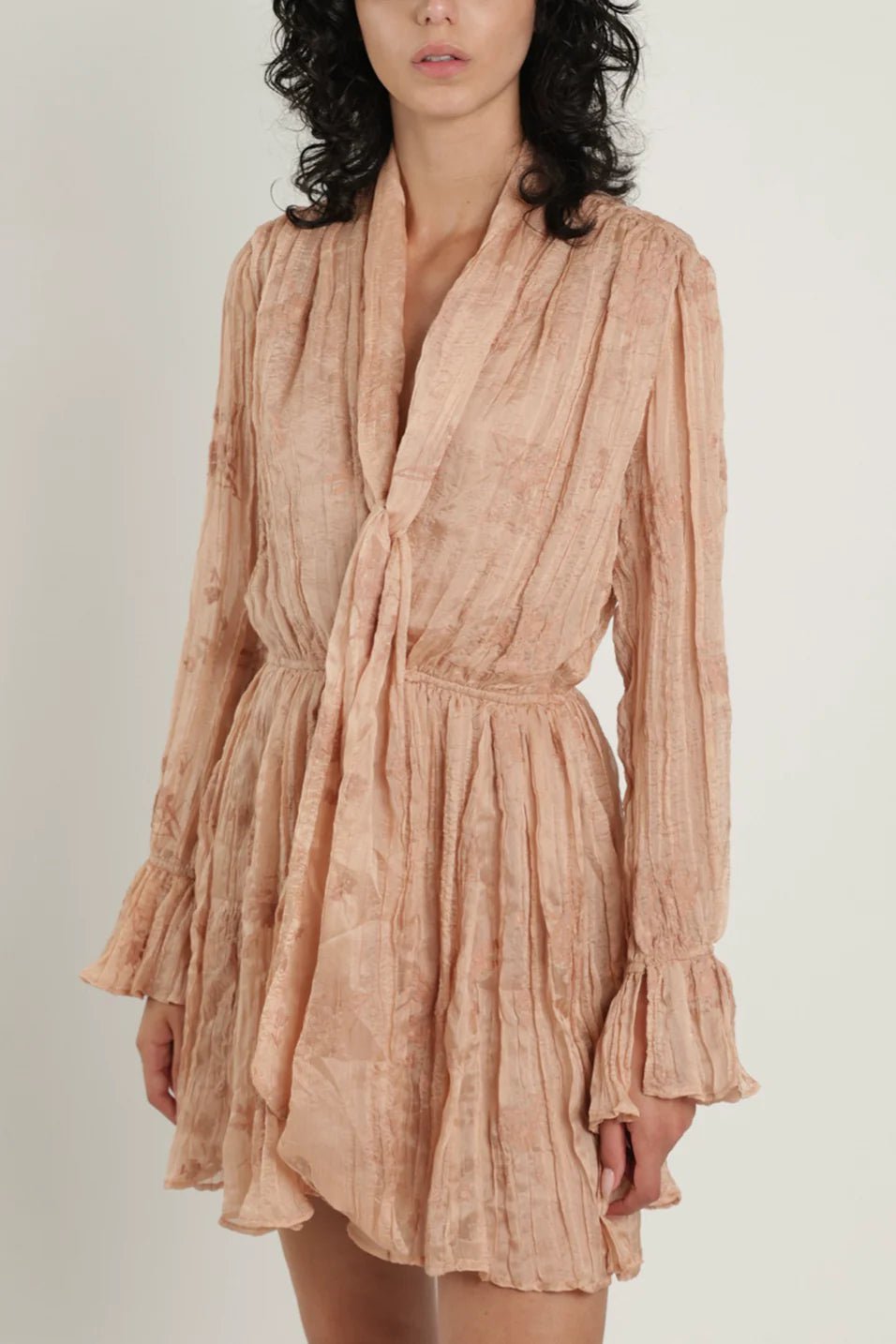 Dillon Pleated Long Sleeved Mini Dress Creme Latte Silk Soft Leather Skirt